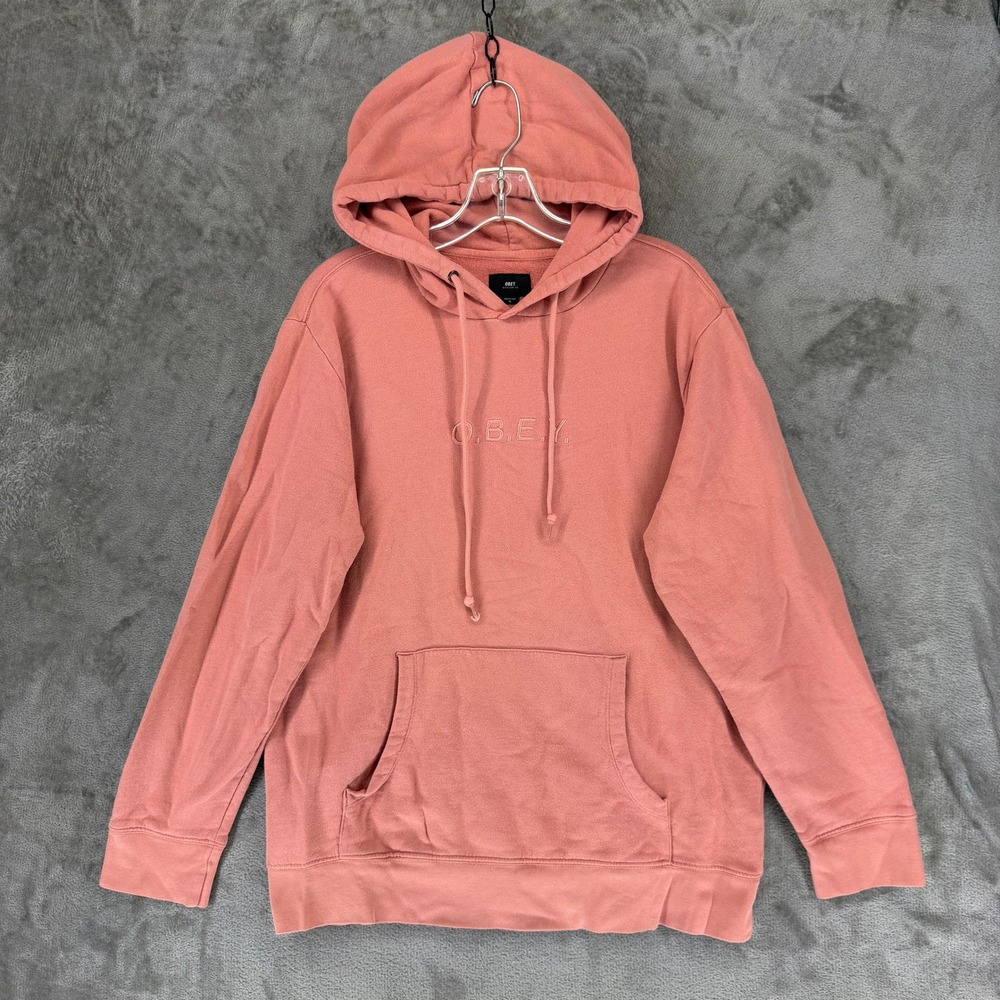Obey Hoodie Mens Medium Pink Embroidered Logo Cotton Pullover Sweatshirt 24663